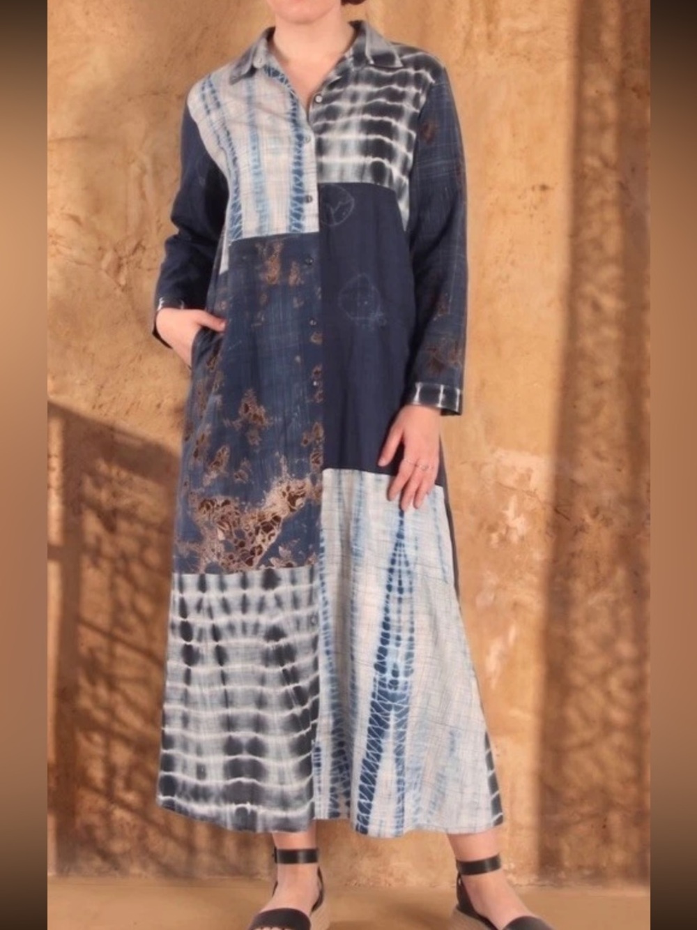 Raag womens size M Patchwork Button 100% Cotton Midi Shirt-Dress Long Sleeve